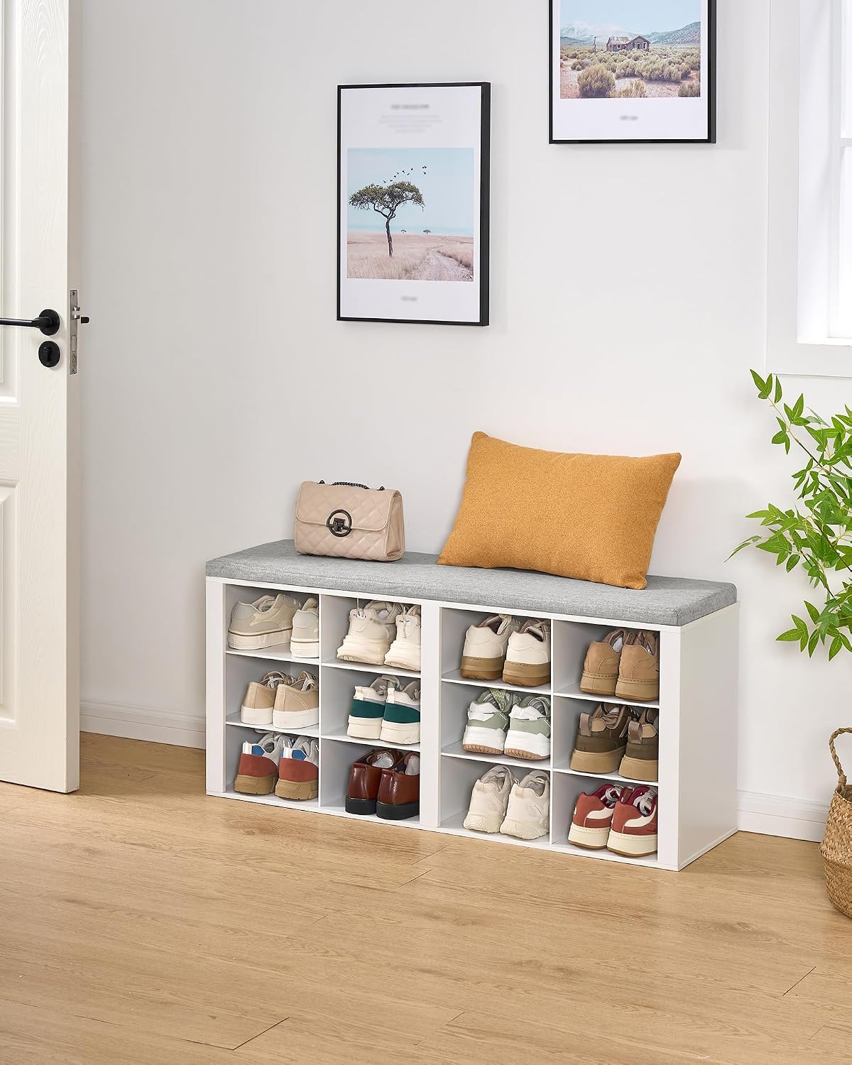 White 12 Cubby Cushioned Shoe Bench