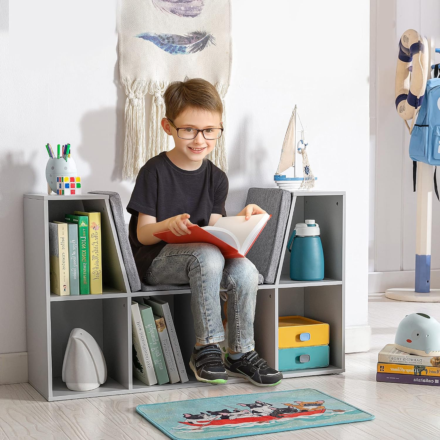 Grey Cushioned 6 Cubby Kids Bookcase