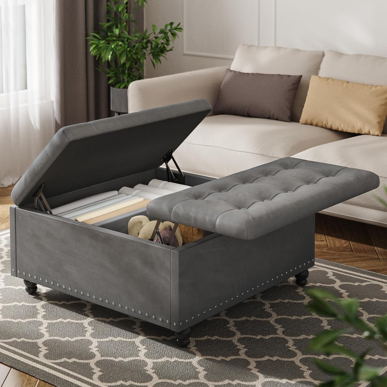 Gray Tufted Lift Top Storage Ottoman