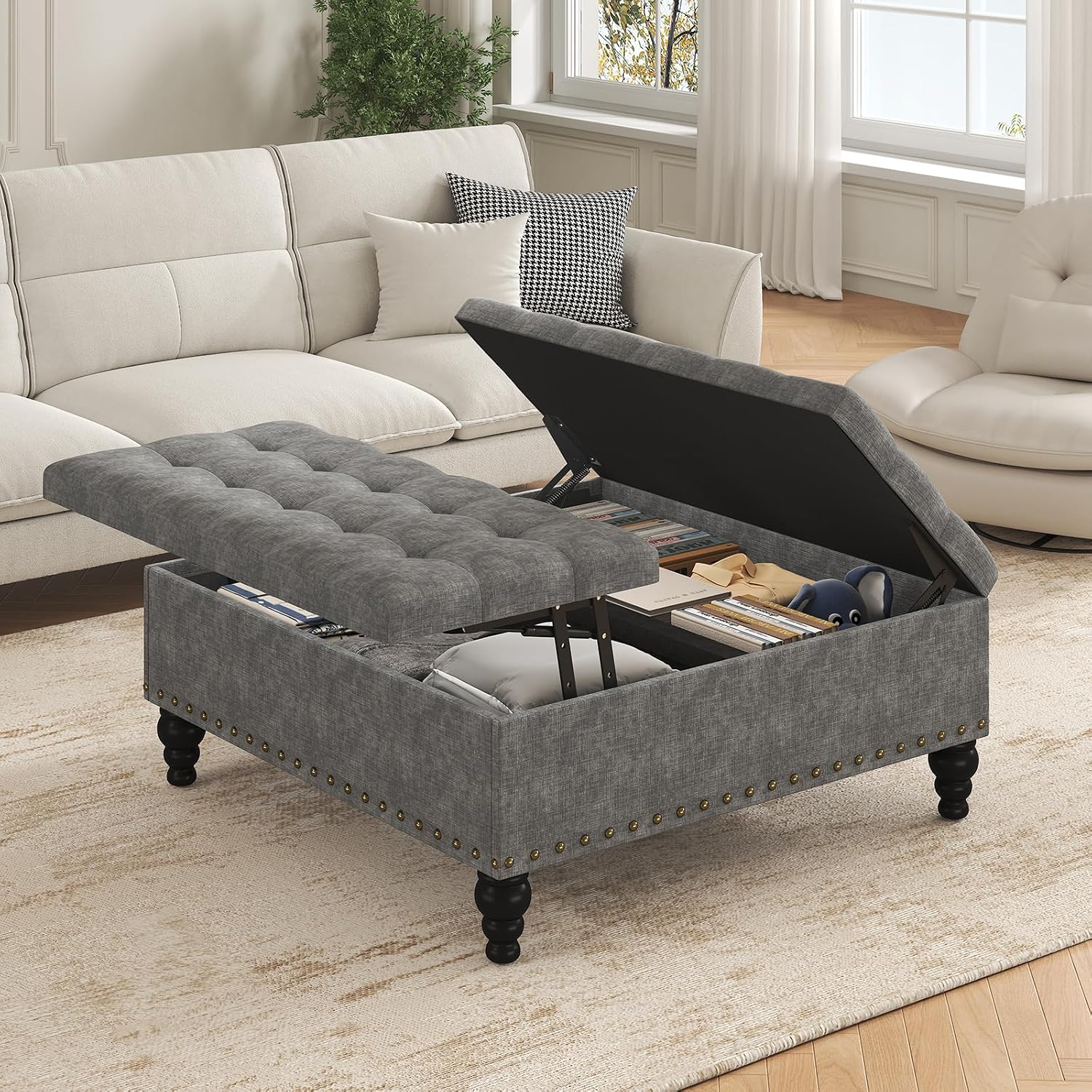 Dark Gray Tufted Lift Top Ottoman Table