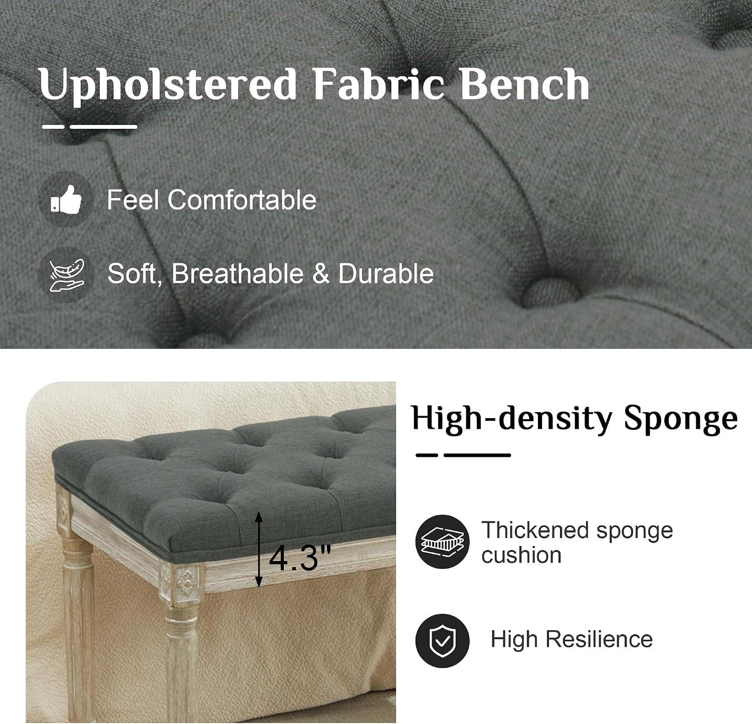 Dark Grey Linen Tufted Window Bench