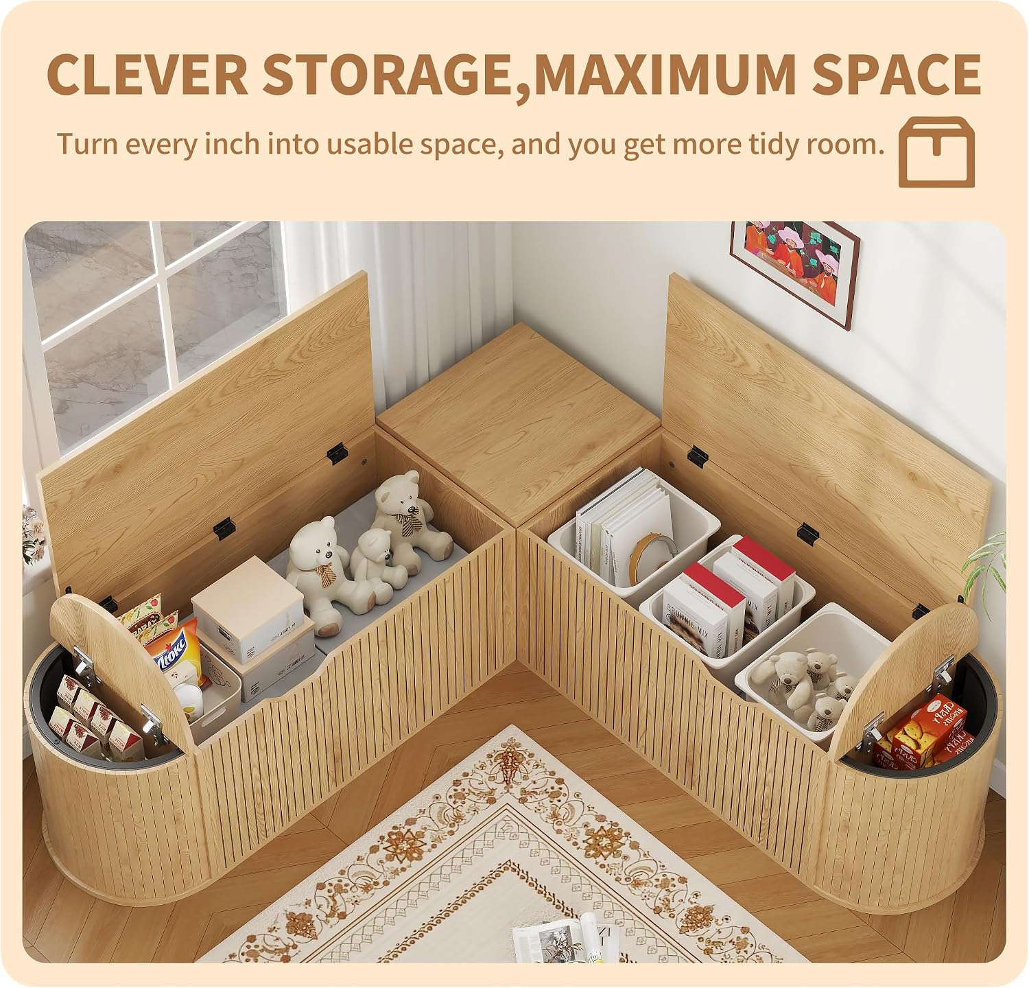 Oak L Shaped Cushioned Storage Bench