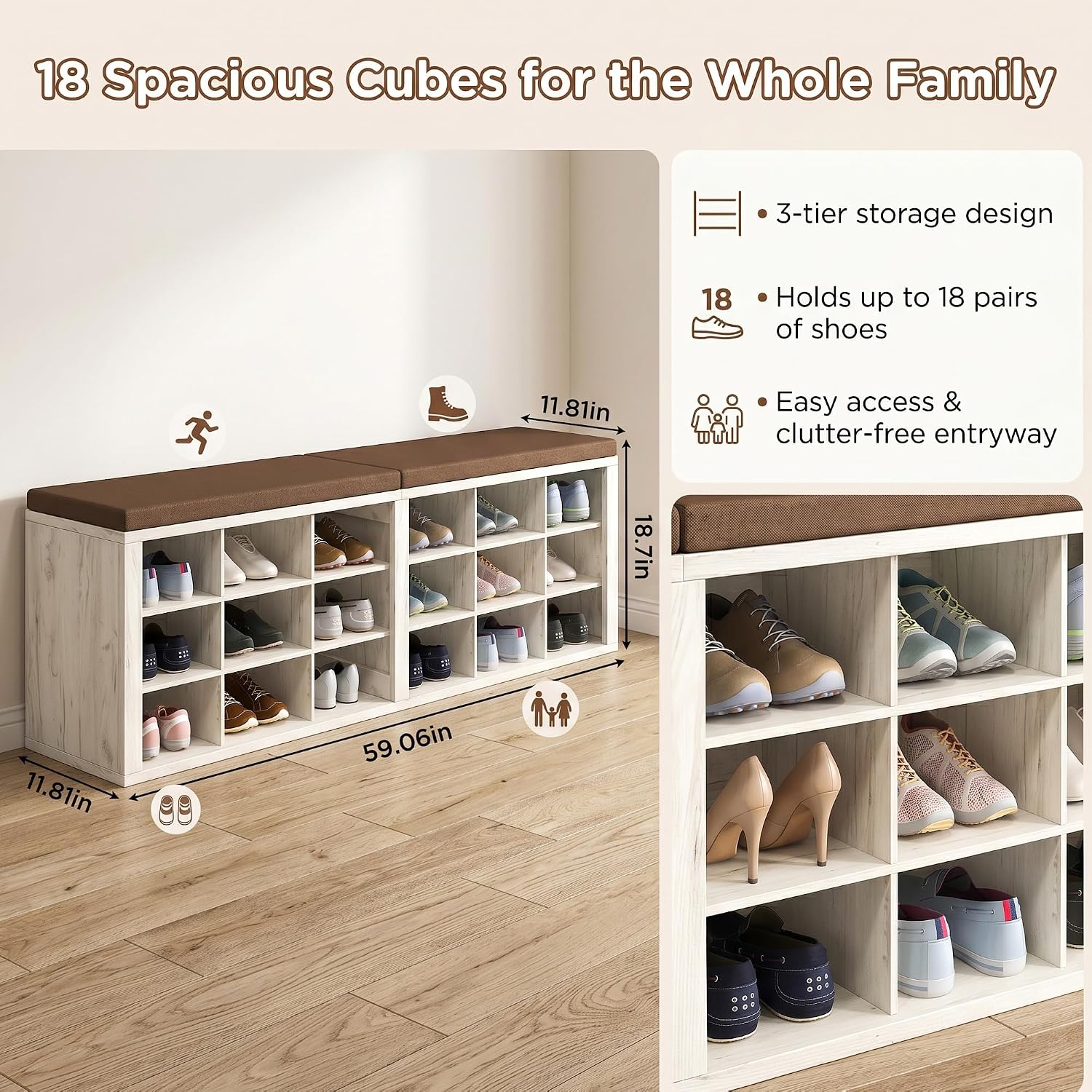 White Brown Linen 18 Cubby Cushioned Shoe Bench