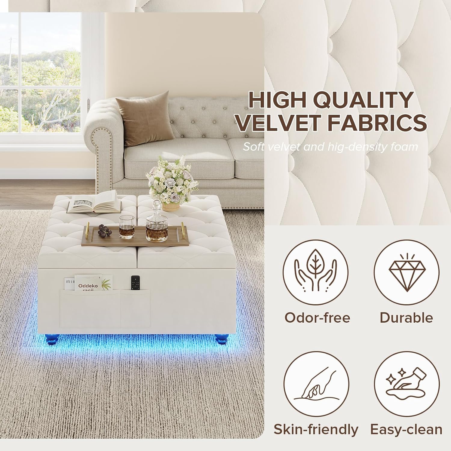 Beige LED Charging Storage Ottoman Table