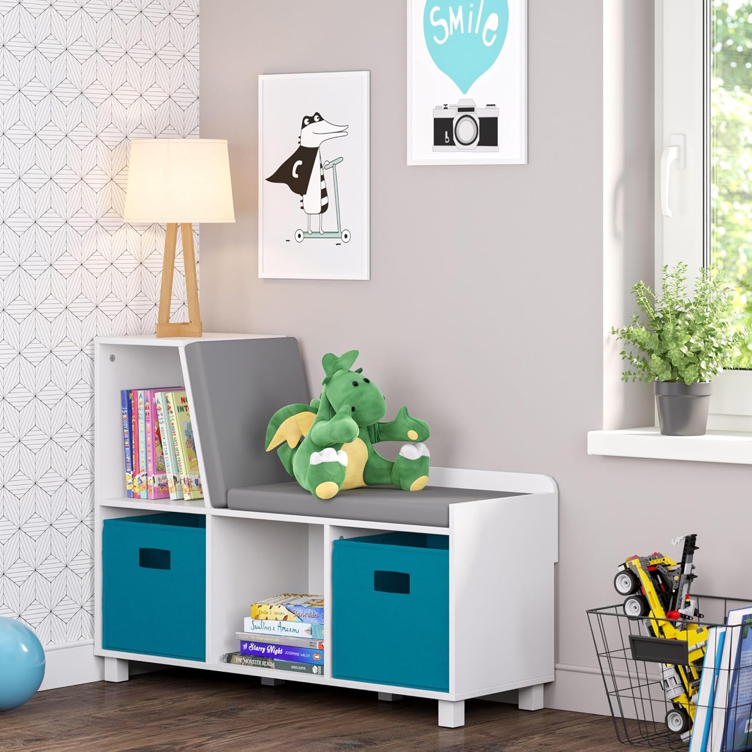 White Cushioned Cubby Toy Storage Bench