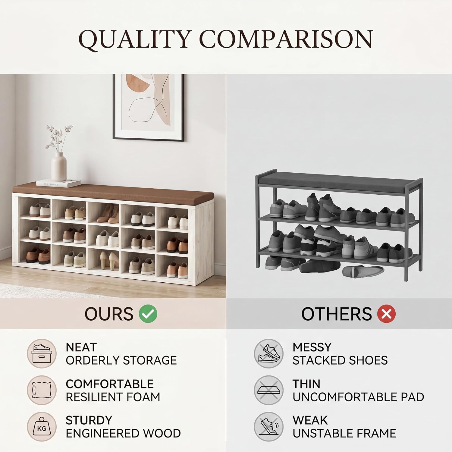 Warm Brown White 18 Cubby Cushioned Shoe Bench