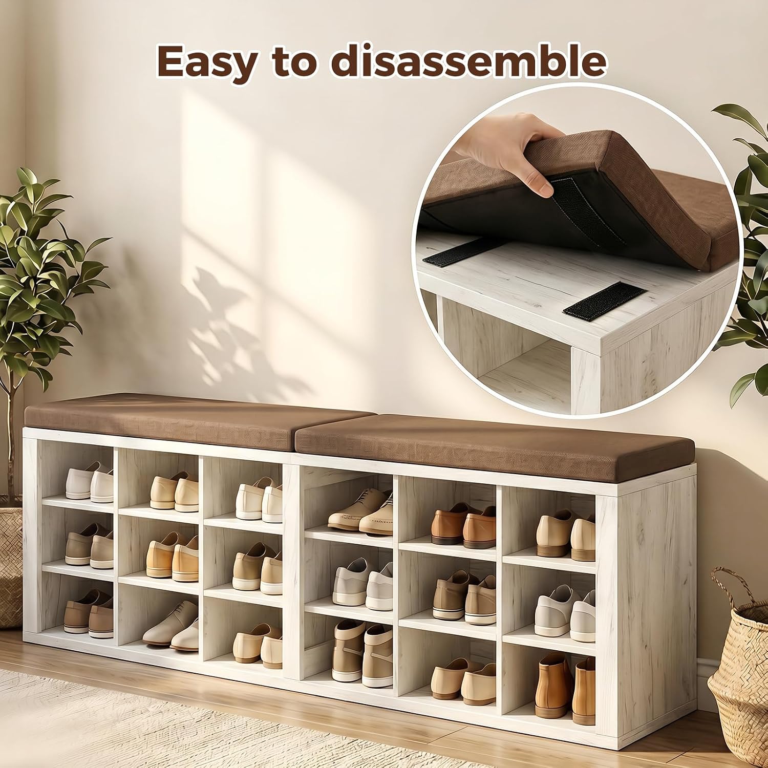 Cushioned 18 Cubby Shoe Storage Bench