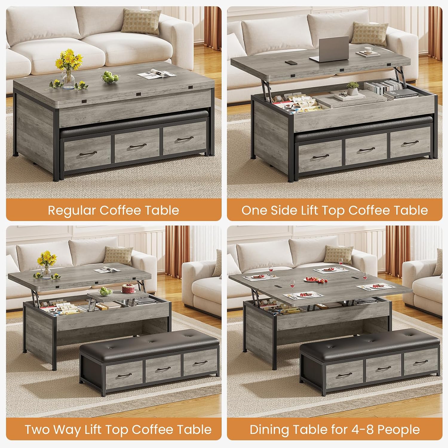 Grey Storage Coffee Table Ottoman Set