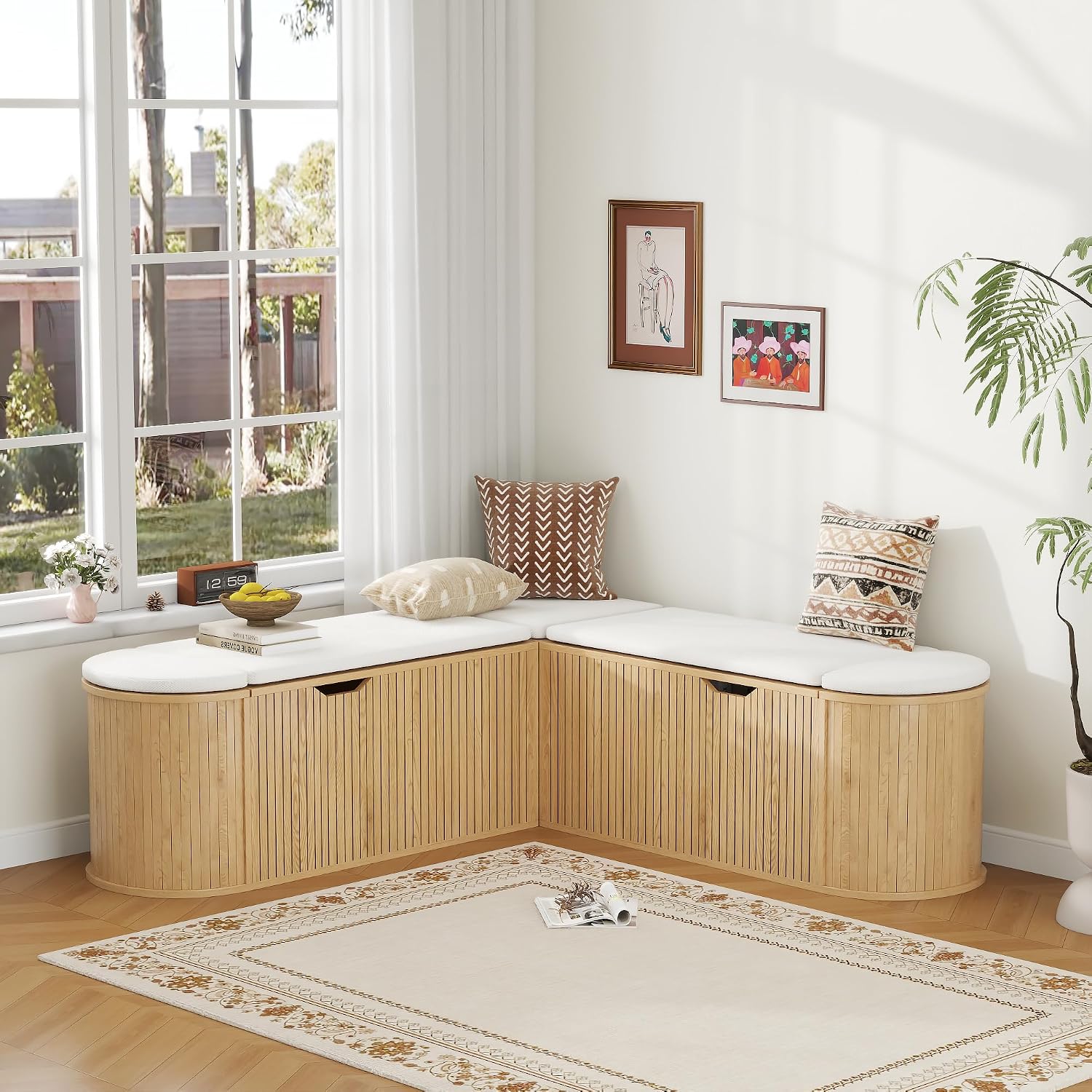Oak L Shaped Cushioned Storage Bench