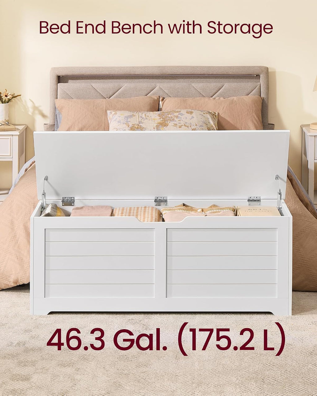 Cloud White Farmhouse Safety Hinge Storage Bench