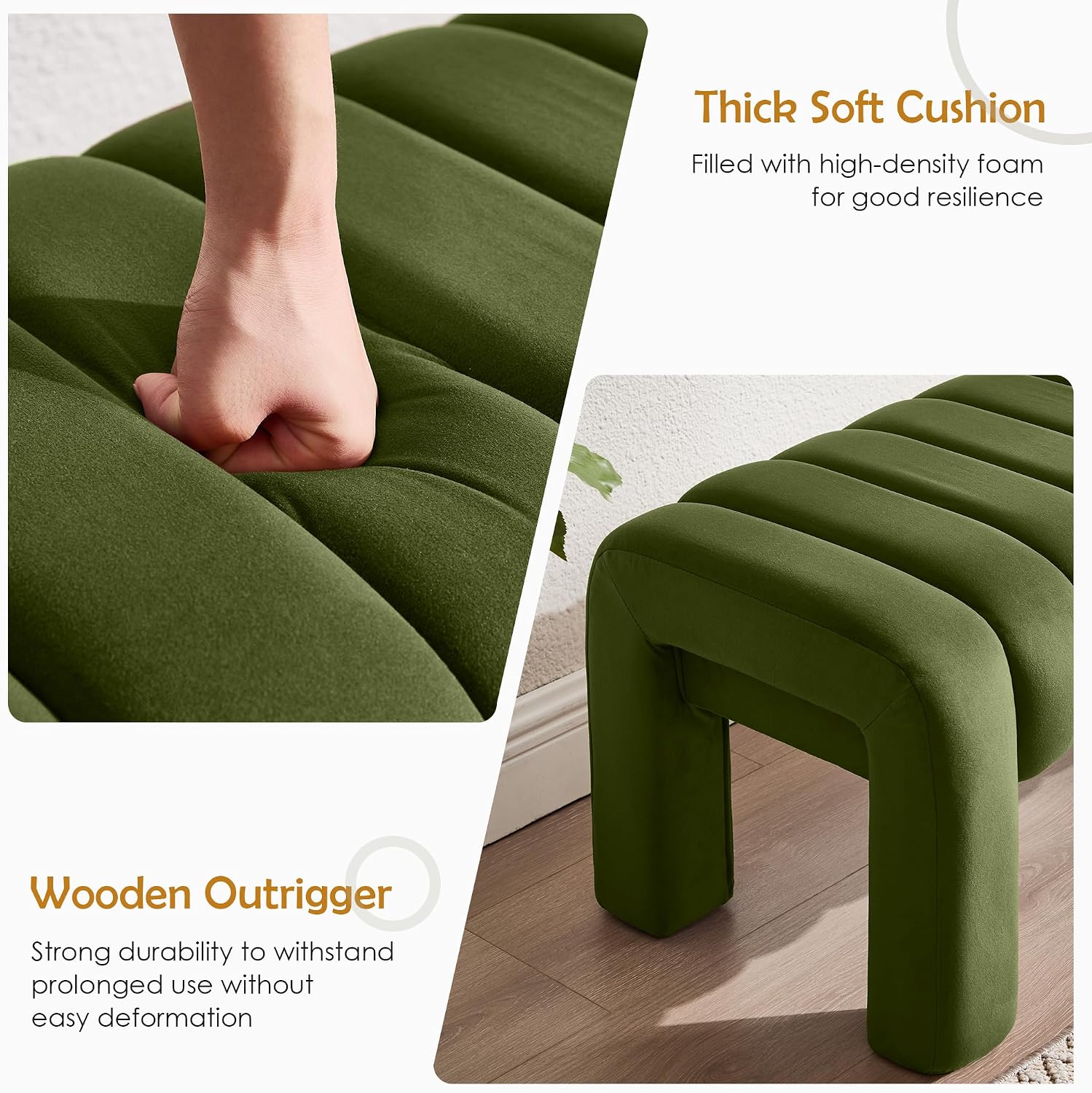 Olive Velvet Tufted Wood Leg Bench