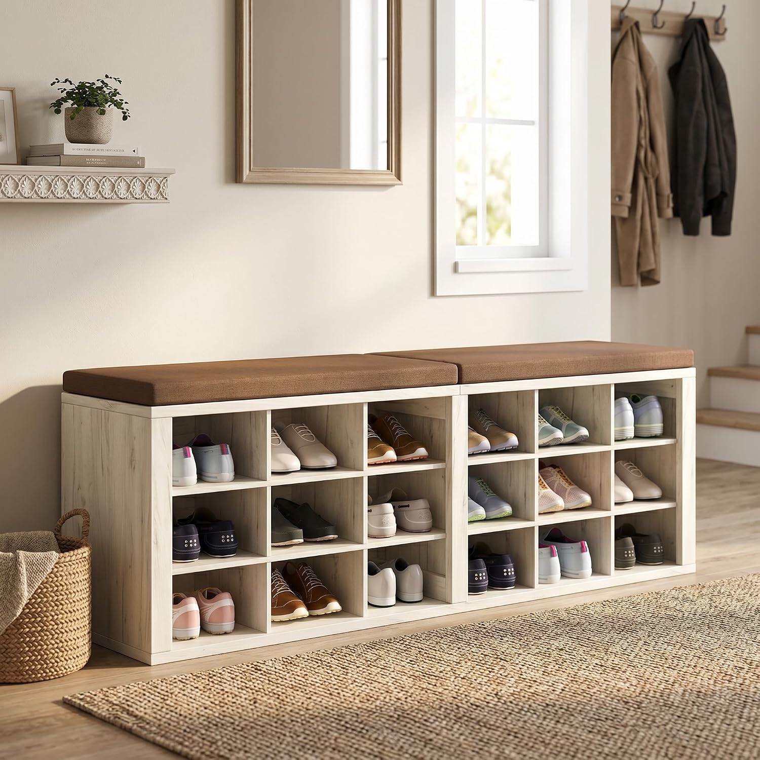 Warm Brown White 18 Cubby Cushioned Shoe Bench
