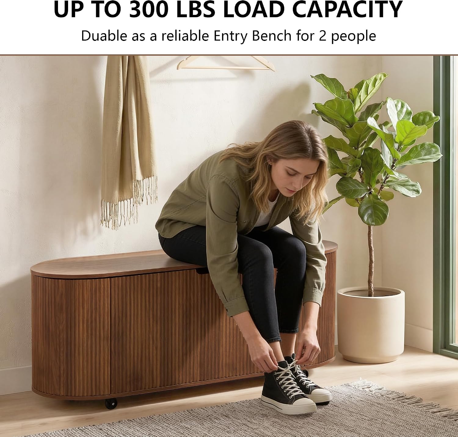Walnut Wheeled Fluted Lift Top Storage Bench
