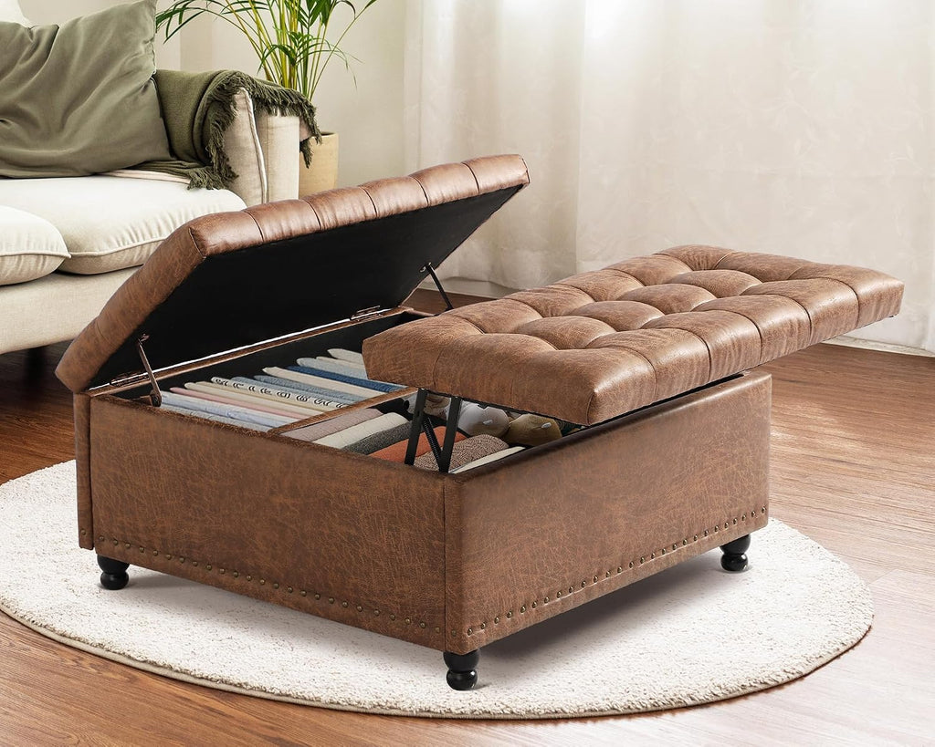 Brown Tufted Lift Top Storage Ottoman