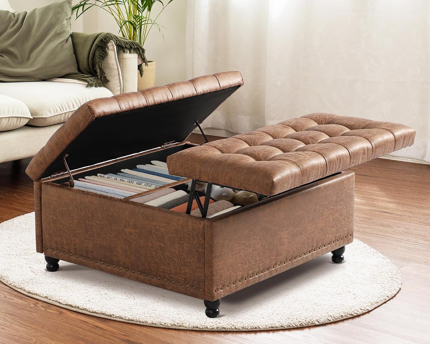 Brown Tufted Lift Top Storage Ottoman