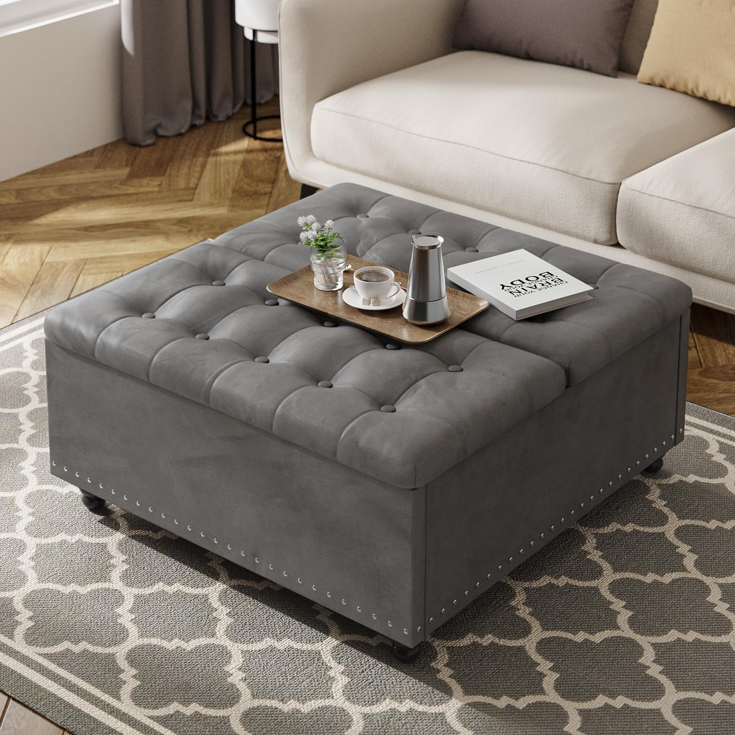 Gray Tufted Lift Top Storage Ottoman