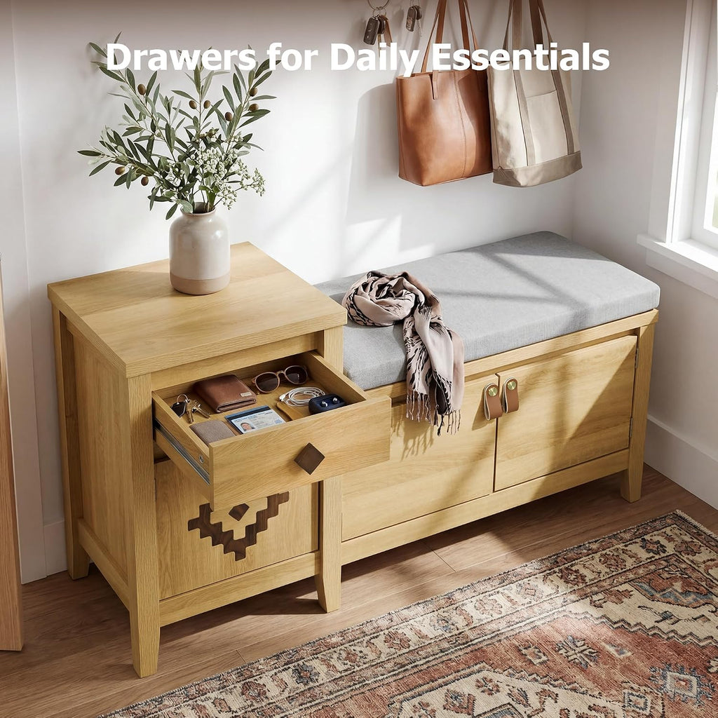 Natural Wood Drawer Cubby Storage Bench