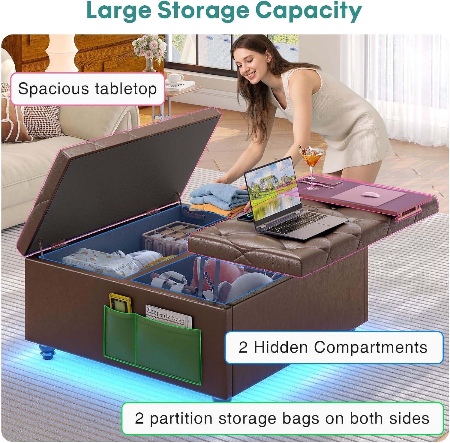 Brown LED Charging Velvet Storage Ottoman
