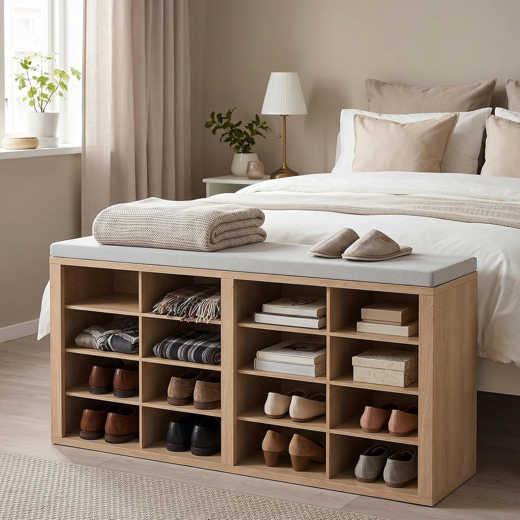 Cushioned 16 Cubby Shoe Storage Bench