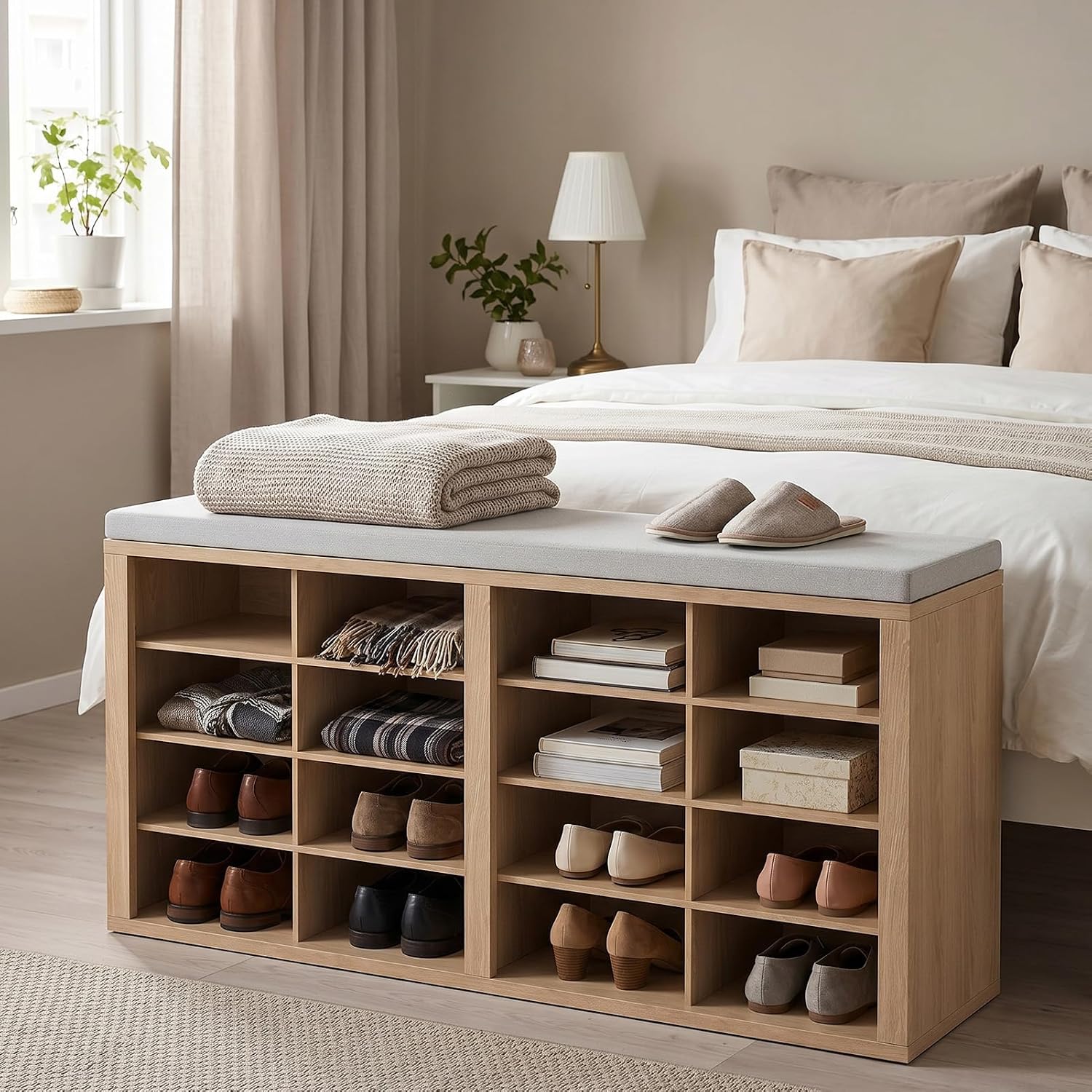 Cushioned 16 Cubby Shoe Storage Bench