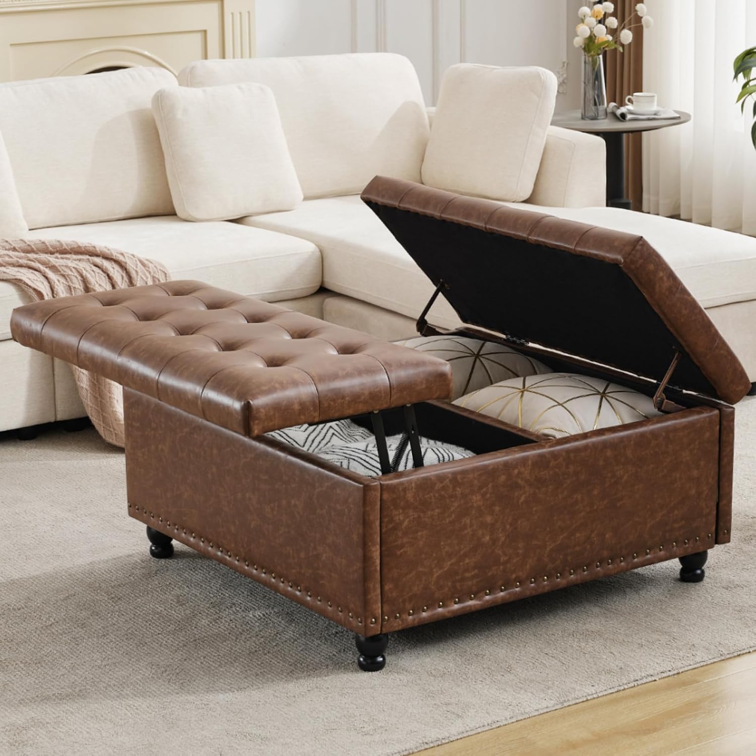 Brown Tufted Lift Top Storage Ottoman