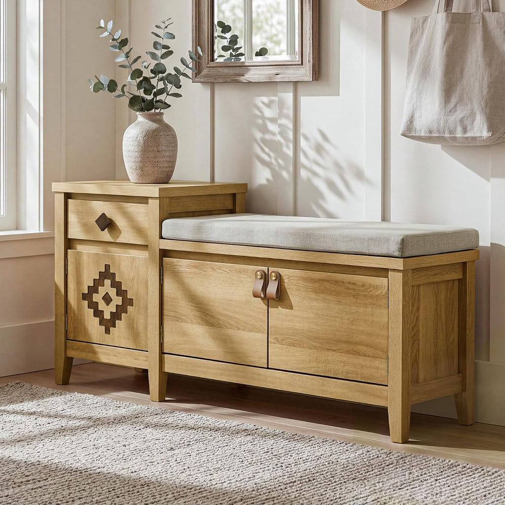 Natural Wood Drawer Cubby Storage Bench