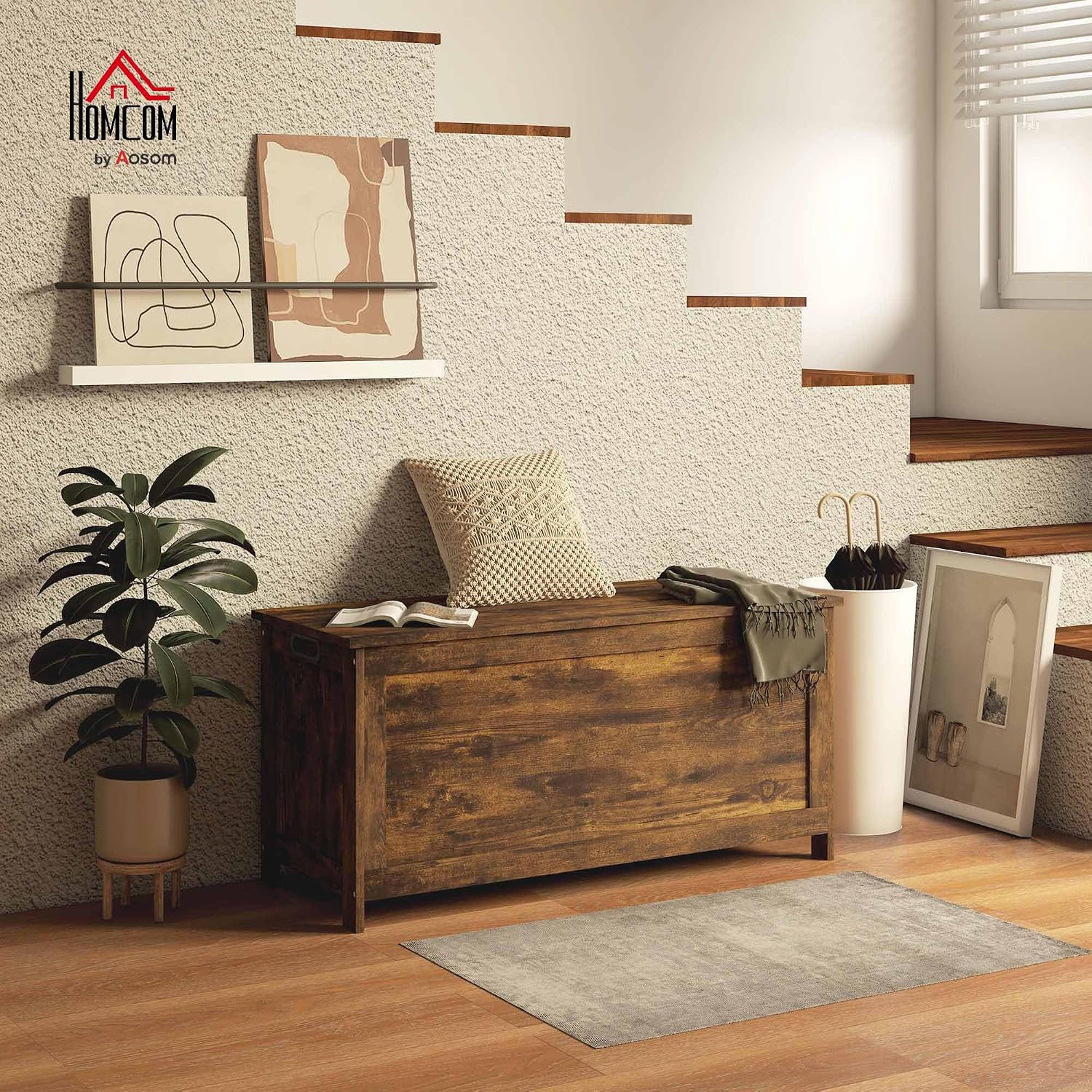 Rustic Brown Flip Top Safety Hinge Storage Bench
