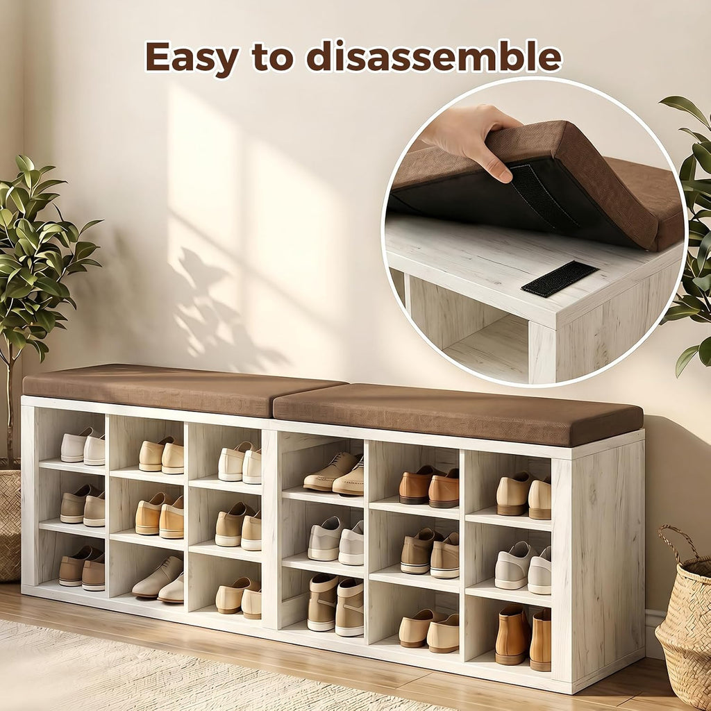 Warm Brown White 18 Cubby Cushioned Shoe Bench