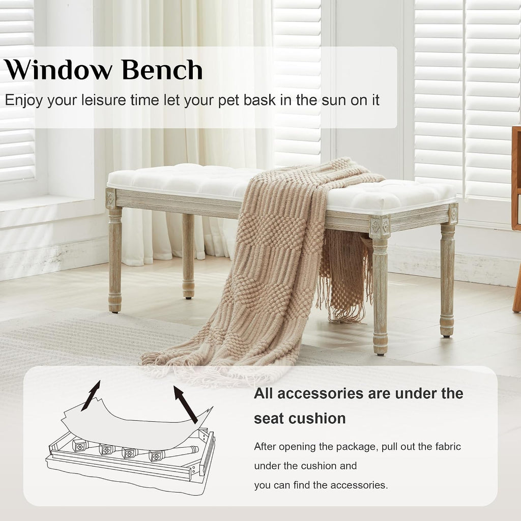 White Linen Tufted Storage Bench