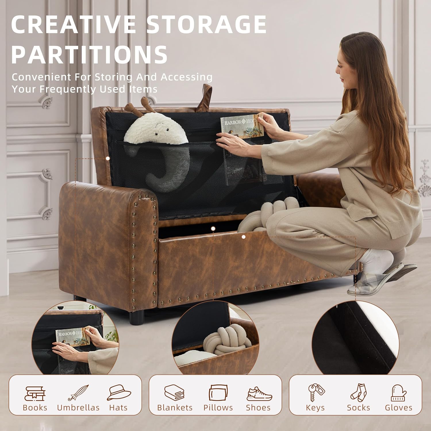 Brown Rivet Arm Tufted Storage Ottoman
