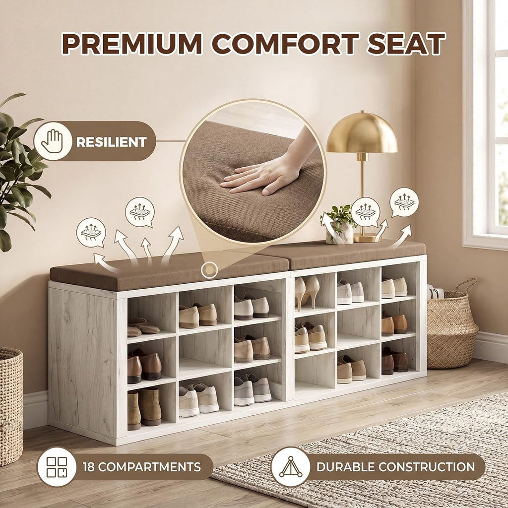 Cushioned 18 Cubby Shoe Storage Bench