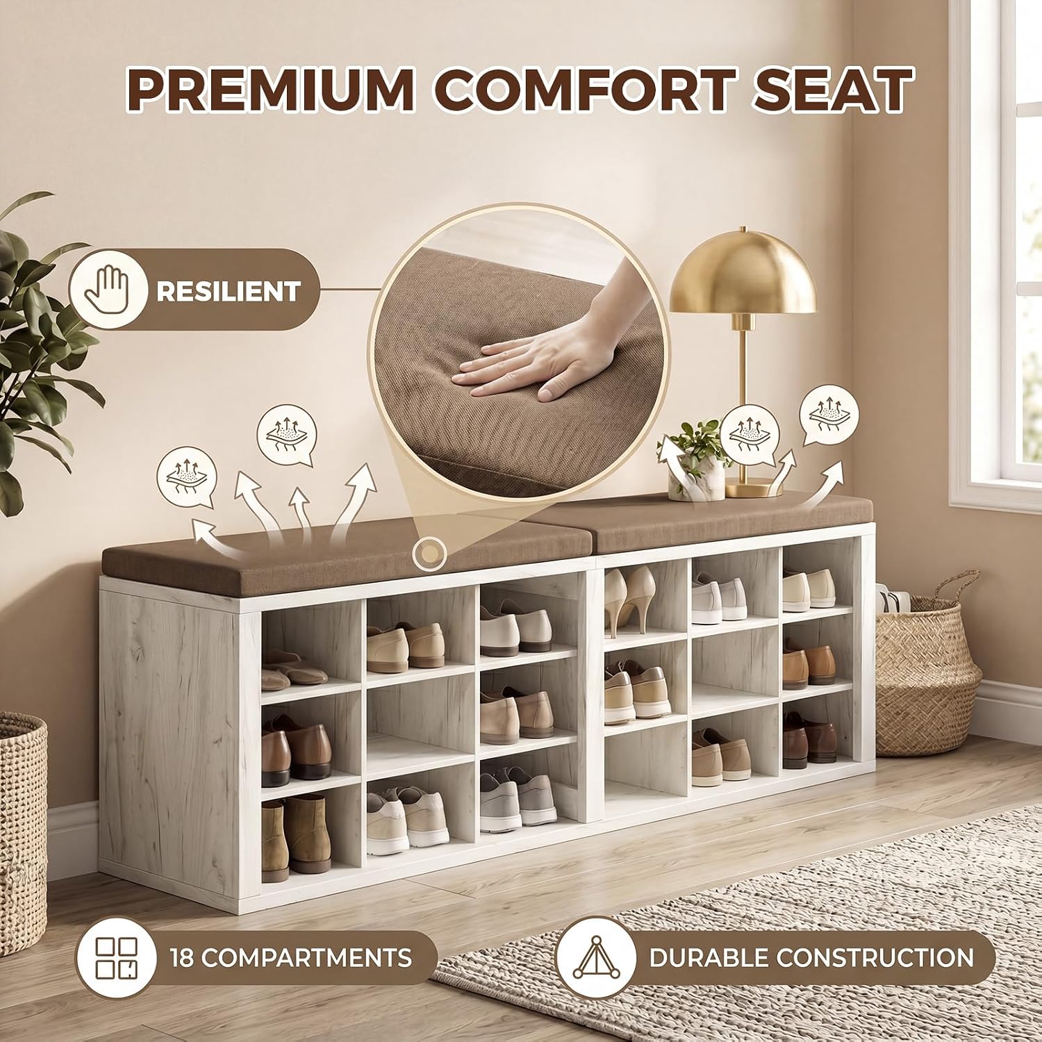 Cushioned 18 Cubby Shoe Storage Bench