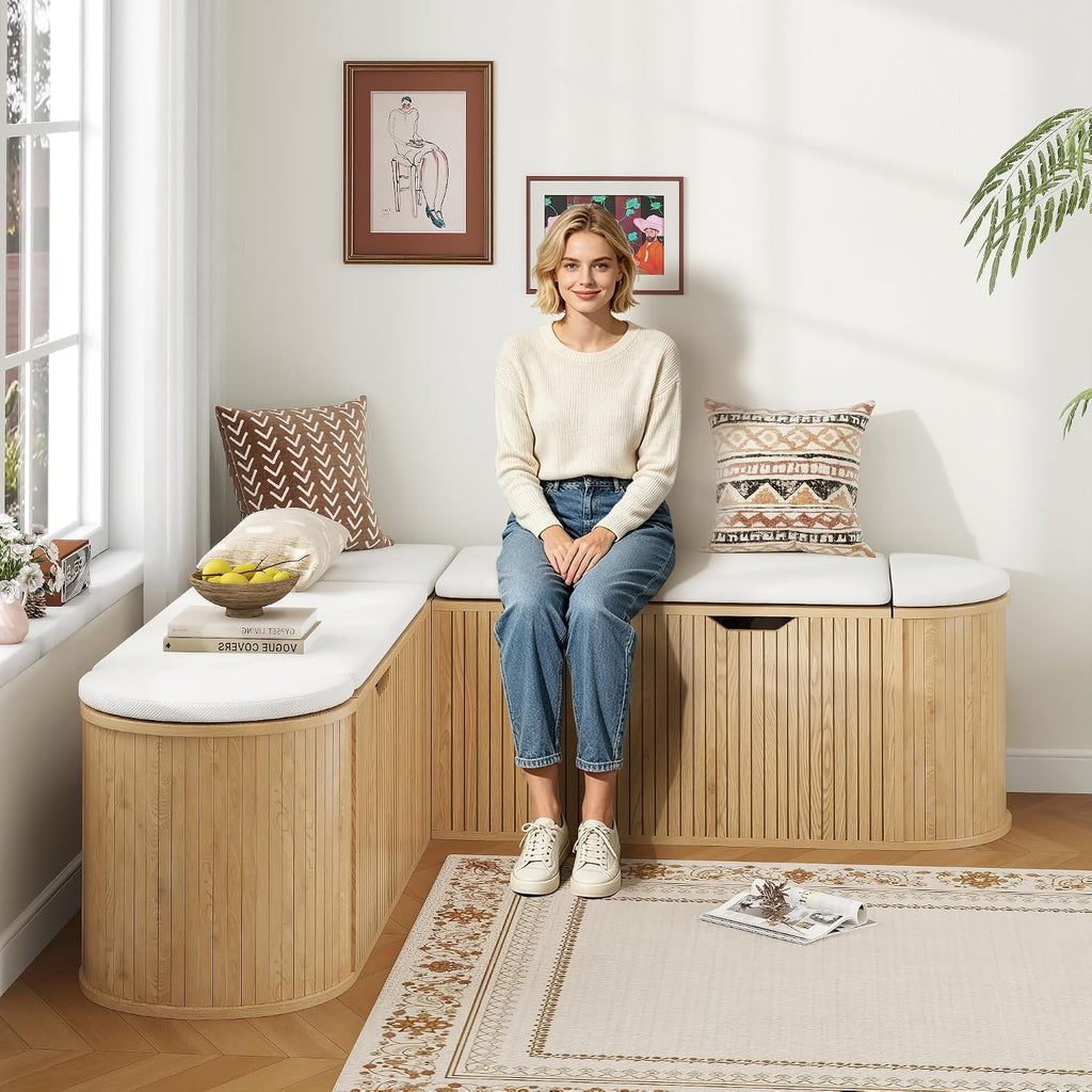 Oak L Shaped Cushioned Storage Bench