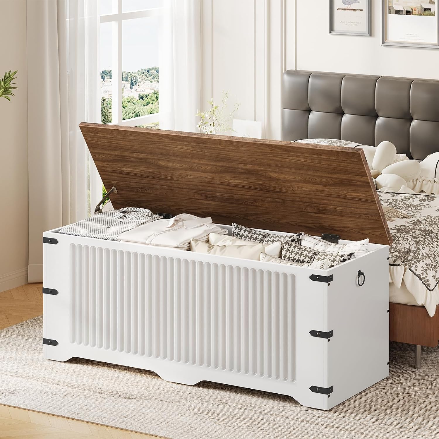 White Walnut Farmhouse Safety Hinge Toy Storage Bench