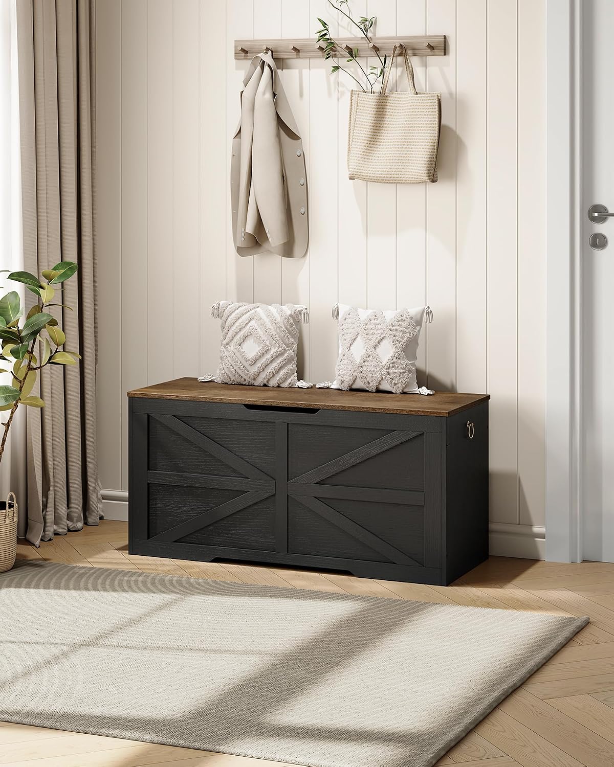 Walnut Black Farmhouse Safety Hinge Storage Bench