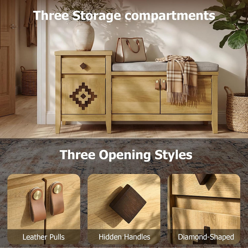 Natural Wood Drawer Cubby Storage Bench