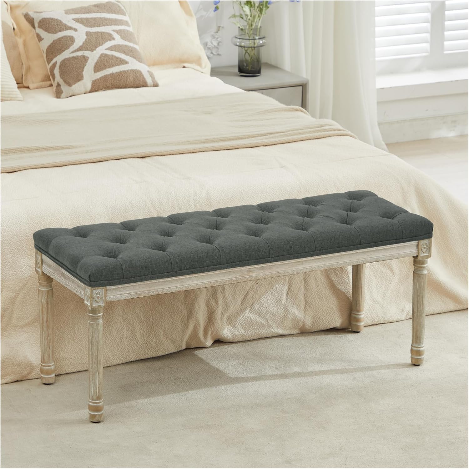 Dark Grey Linen Tufted Window Bench