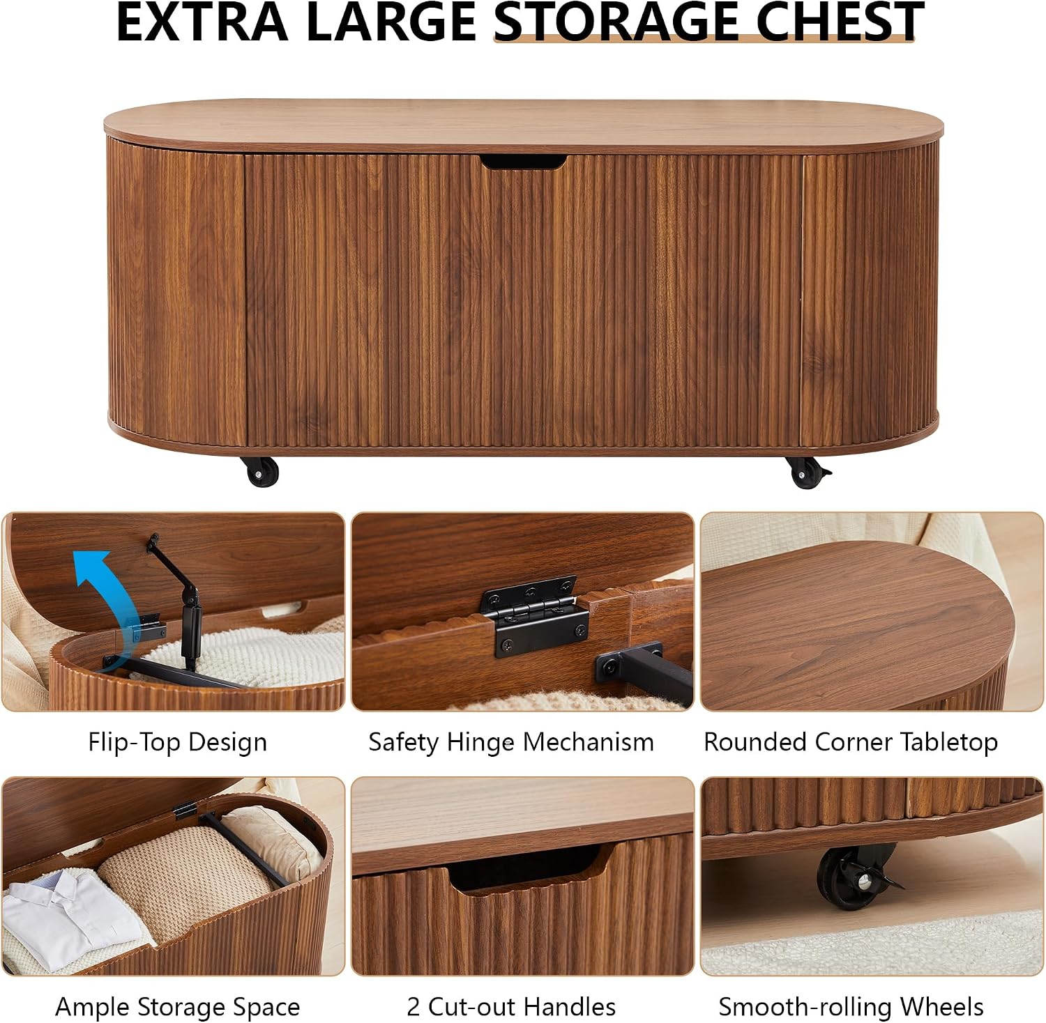 Walnut Wheeled Fluted Lift Top Storage Bench