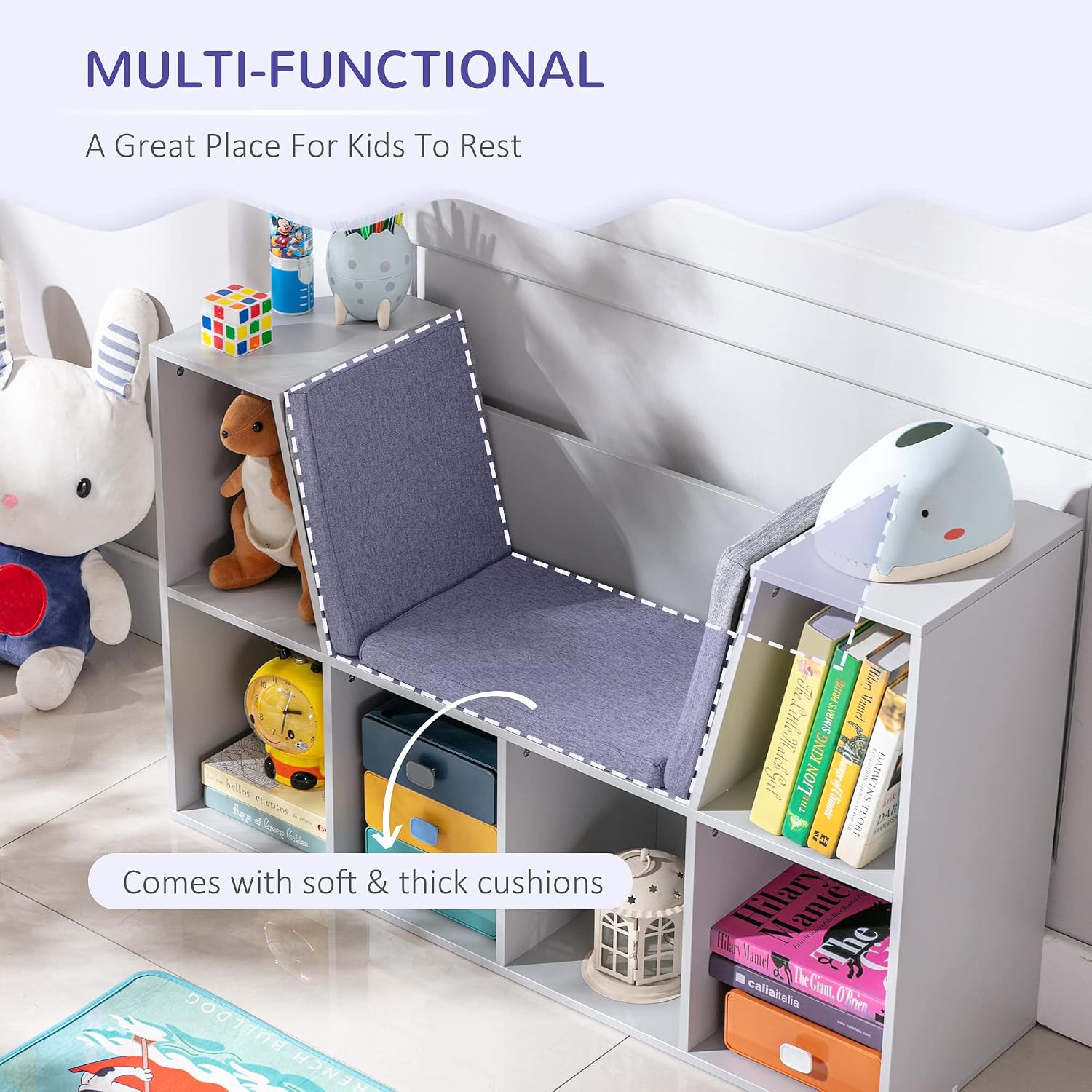 Grey Cushioned 6 Cubby Kids Bookcase