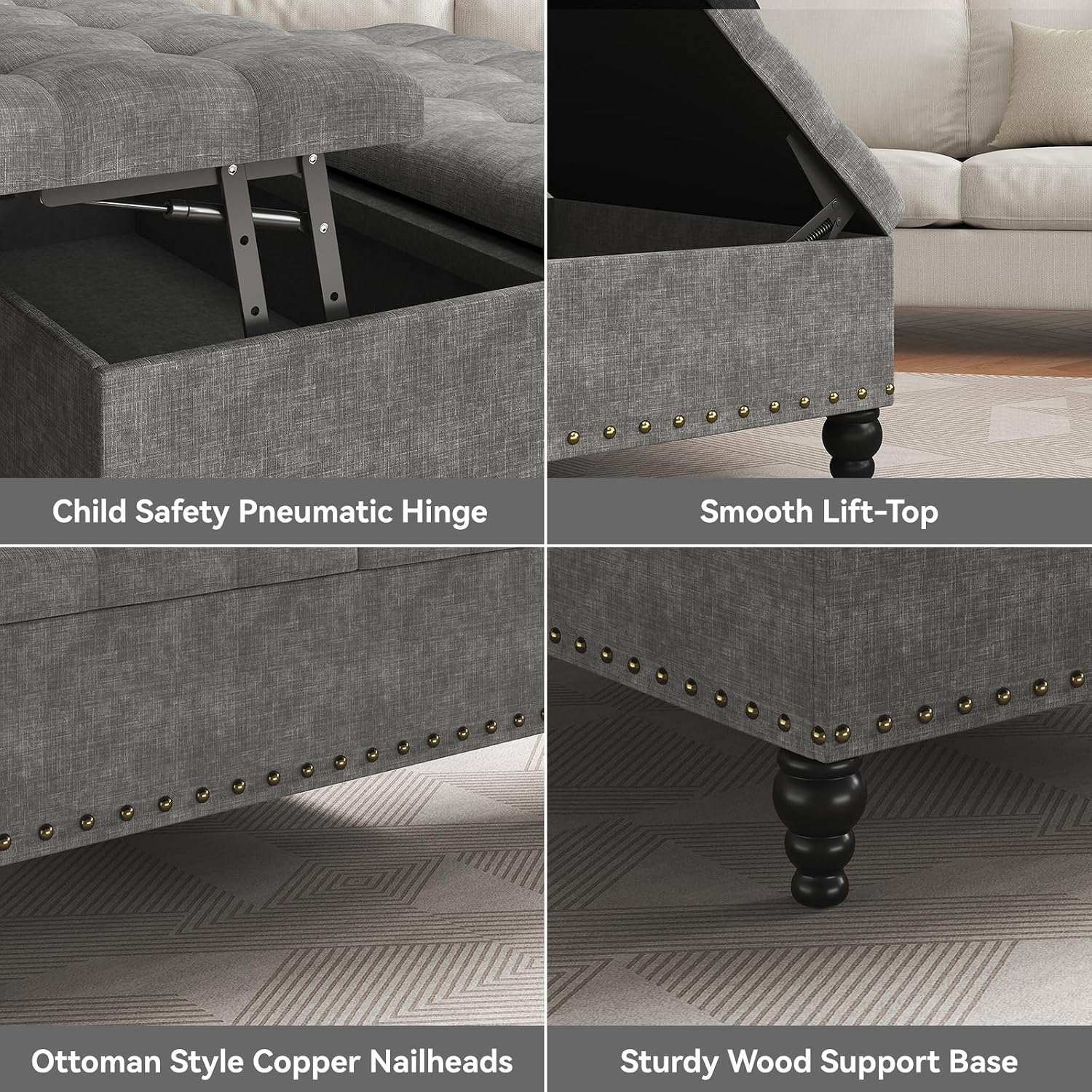 Dark Gray Tufted Lift Top Ottoman Table