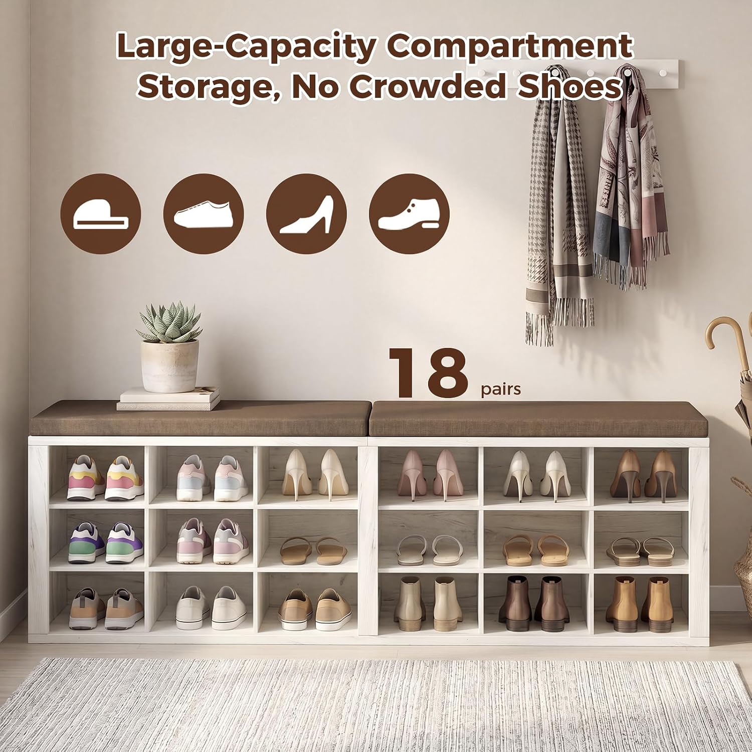 Cushioned 18 Cubby Shoe Storage Bench