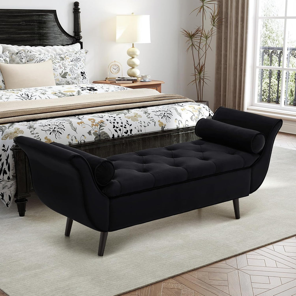 Black Tufted Velvet Arm Storage Bench