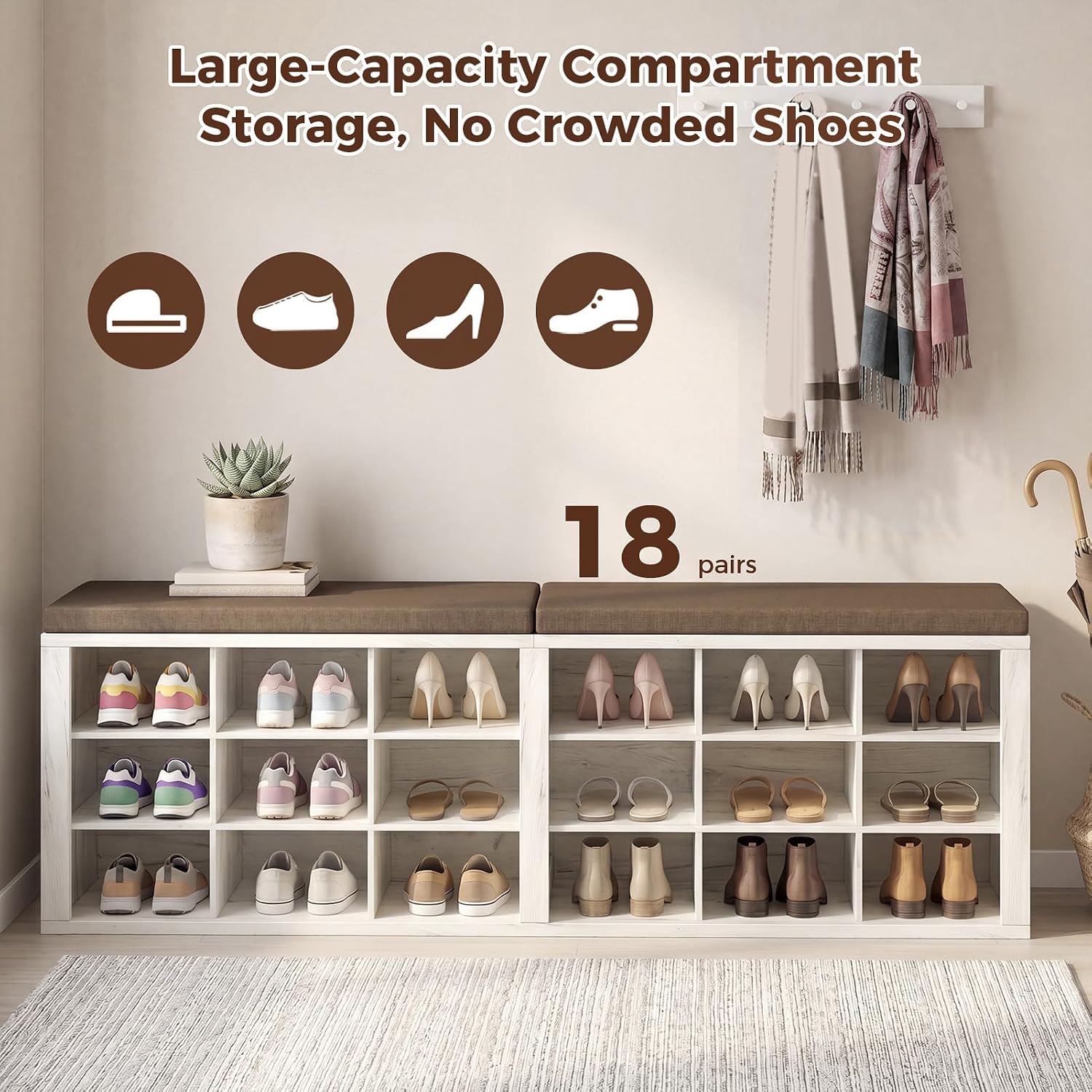 Warm Brown White 18 Cubby Cushioned Shoe Bench