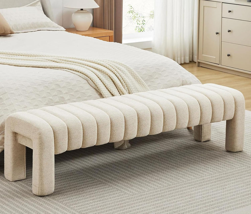 Beige Linen Channel Tufted Bench