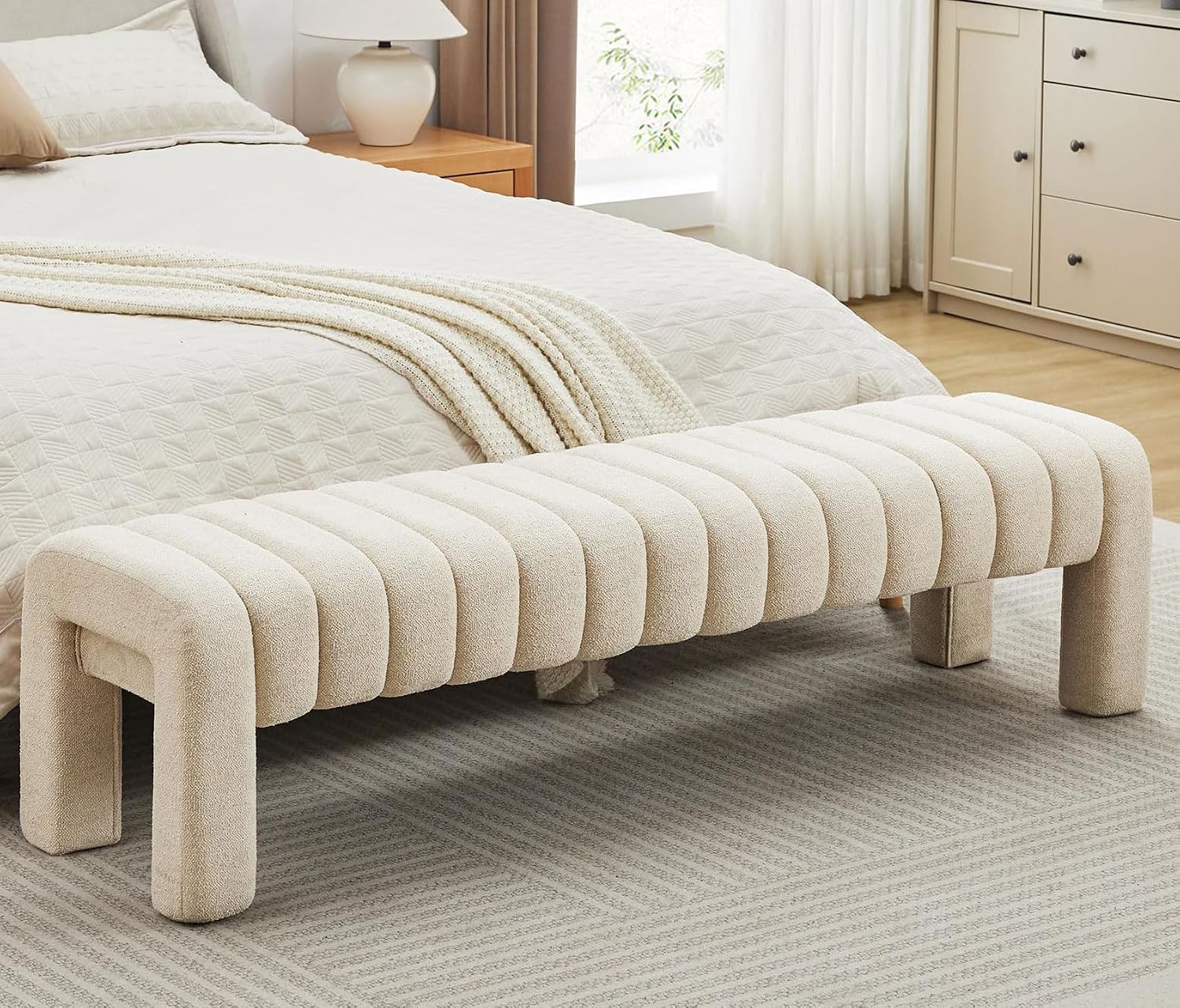Beige Linen Channel Tufted Bench