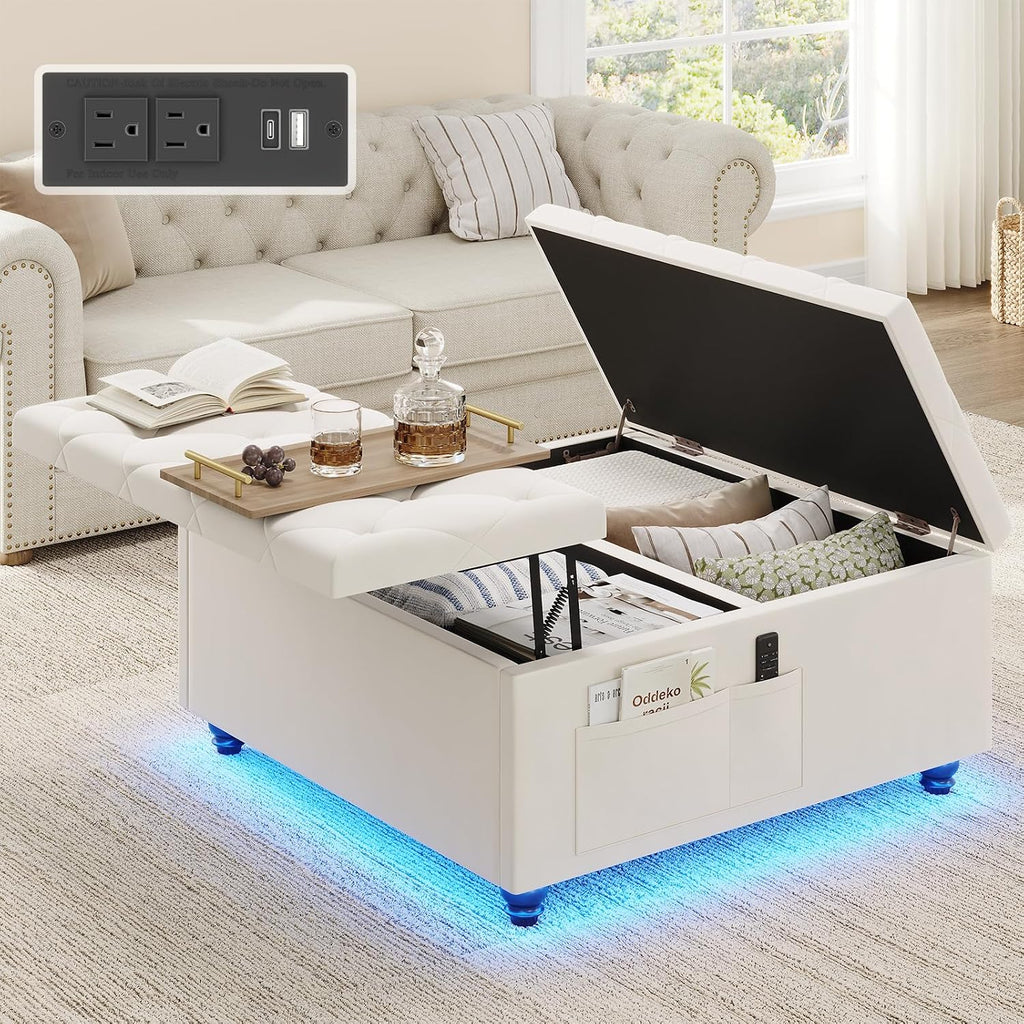 Beige LED Charging Storage Ottoman Table