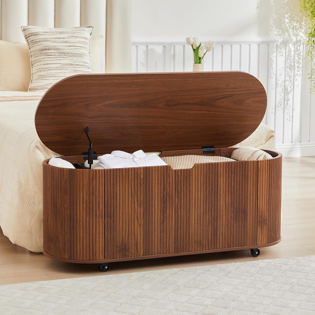 Walnut Wheeled Fluted Lift Top Storage Bench