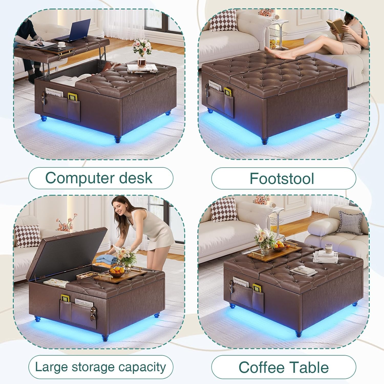 Brown LED Charging Velvet Storage Ottoman