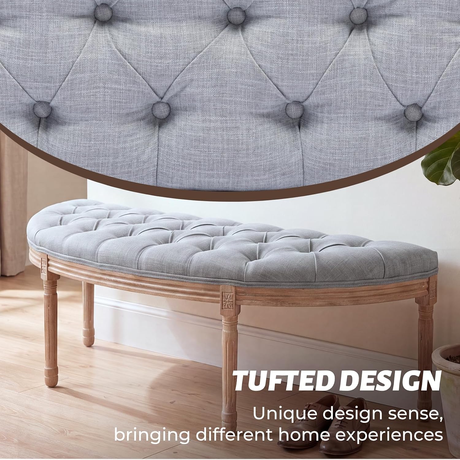Light Grey Linen Halfmoon Tufted Bench