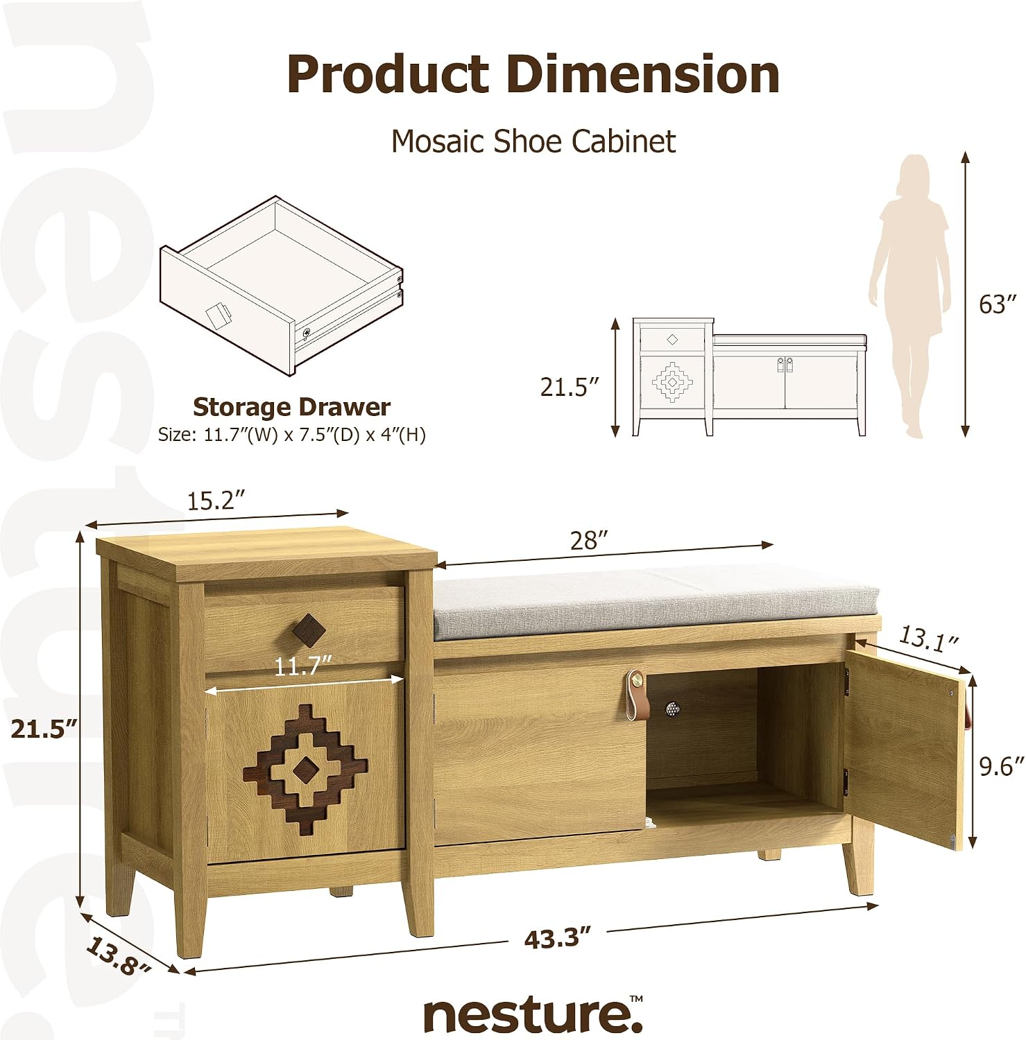 Natural Wood Drawer Cubby Storage Bench